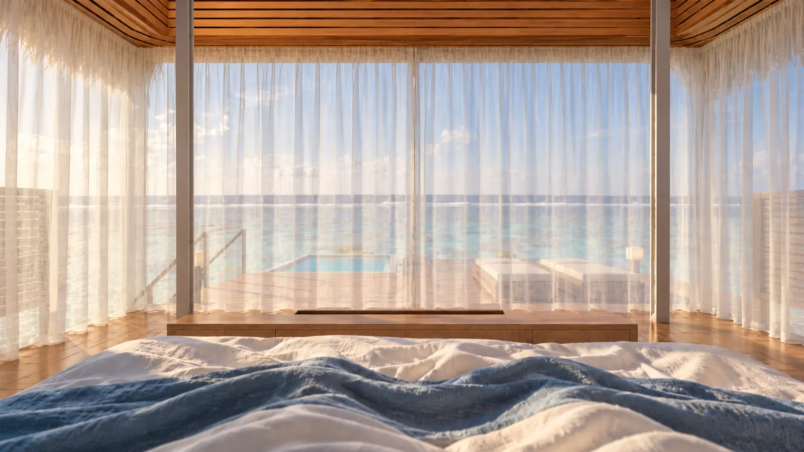 Morning in the villa: the lagoon through a light curtain